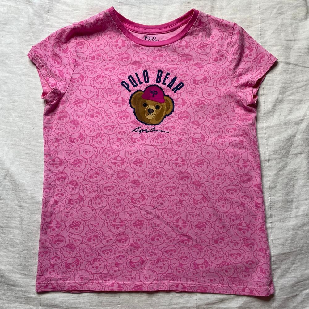 Polo Ralph Lauren Pink Bear All Over Print Cotton Jersey Shirt Sz XL Girls Youth